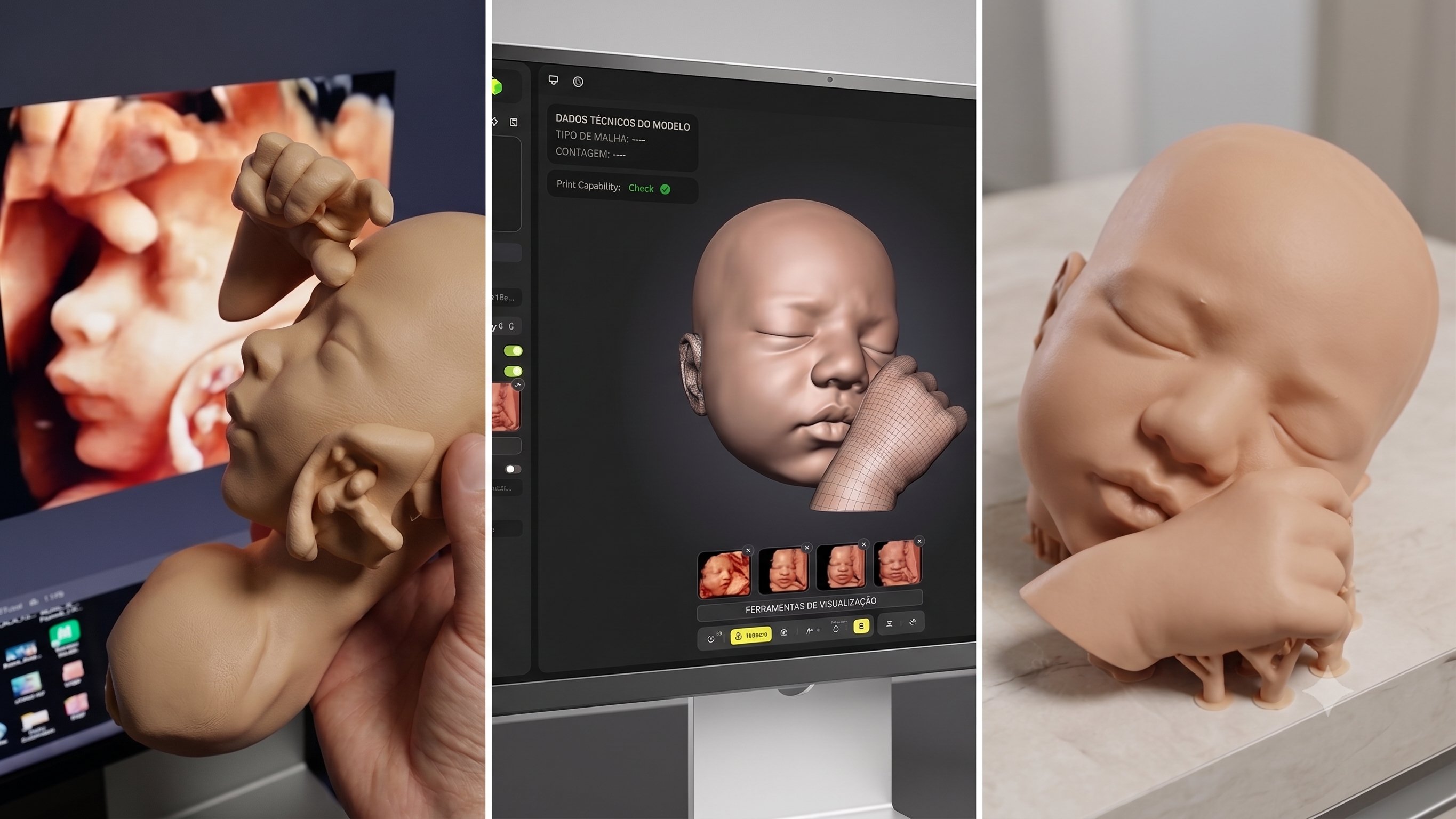As três etapas do Gestação3D: imagem do ultrassom 3D, modelagem digital do rosto do bebê e a escultura final impressa em 3D